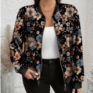 Ladies floral zip up sweater jacket size 4XL ribbed baseball collar PRETTY